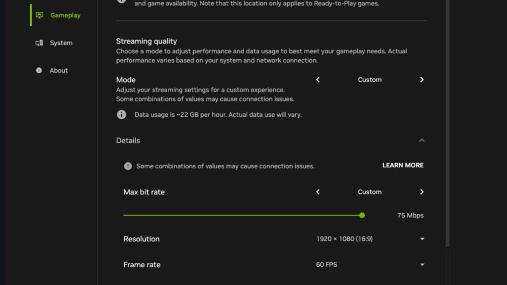 GeForce Now streaming quality settings with max bit rate set to 75 Mbps, showing a data usage estimate of approximately 22 GB per hour