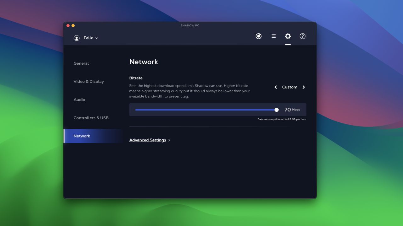 Shadow PC network settings with the bitrate slider set to 70 Mbps, showing a data consumption estimate of up to 28 GB per hour
